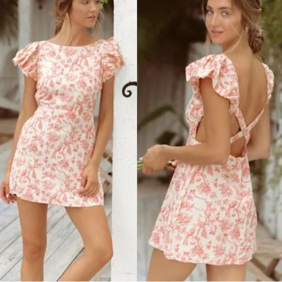 NWT Krewe Du Q Rhodes Flutter Sleeve Open Back Mini Dress Rose Bloom Pink Small - Picture 1 of 9